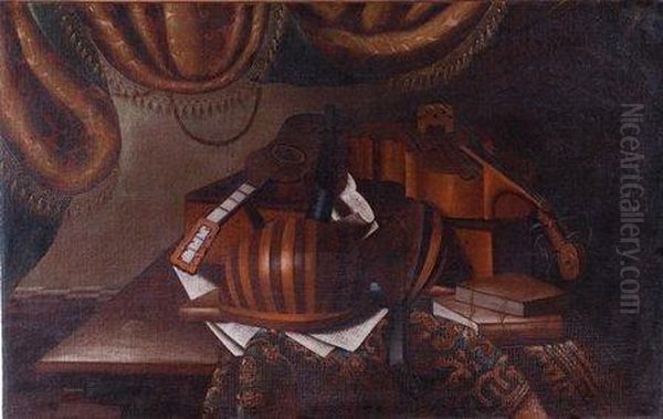 Una Chitarra, Dueliuti, Una Viola Con Arco, Libri E Fogli Di Musica; E Unmappamondo, Un Liuto, Una Chitarra, Un Libro E Fogli Dimusica. - view 1