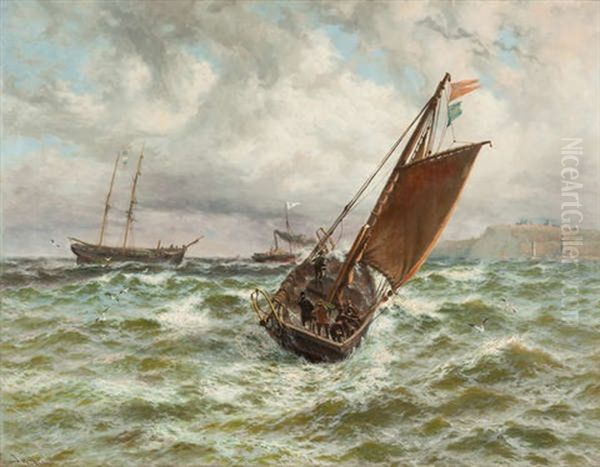 Sailing Boats And Steamer Off The Coast At Whitby, Yorkshire. - view 1