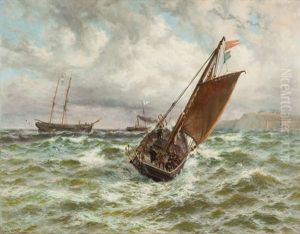 Sailing Boats And Steamer Off The Coast At Whitby, Yorkshire.