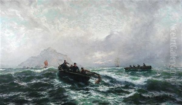 Fishermen Trawling Nets Off Mont St. Michel, With Clippers Beyond - view 1