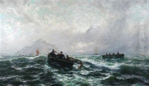 Fishermen Trawling Nets Off Mont St. Michel, With Clippers Beyond