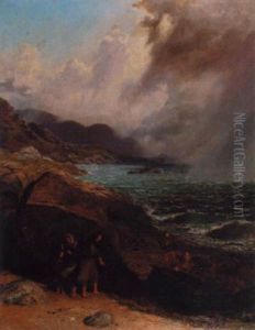 Figures Gathering Seaweed In A Stormy Costal Landscape by Thomas Rose Miles