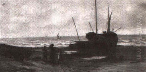 Beached Fishing Boat, With Children On Shore - view 1