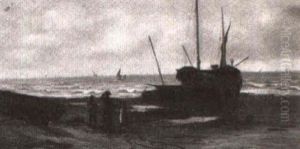 Beached Fishing Boat, With Children On Shore Beached Fishing Boat, With Children On Shore