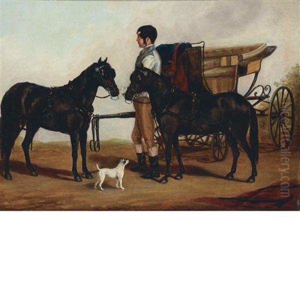 A Groom Holding A Team Of Ponies Beside A Carriage - view 1