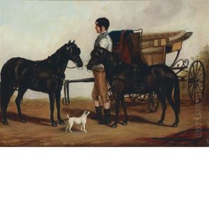 A Groom Holding A Team Of Ponies Beside A Carriage by William Miles