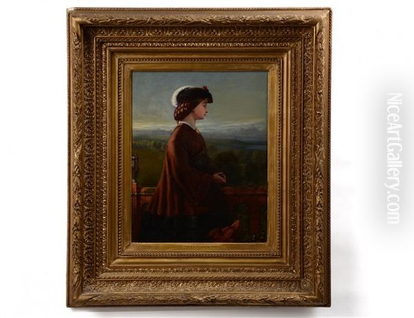 Lady And Dog On A Balcony With Landscape - view 1