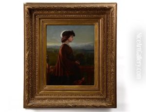 Lady And Dog On A Balcony With Landscape