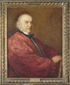 Portrait Of William Ewart Gladstone Seated In Crimson Robes With A White Collar by Sir John Everett Millais