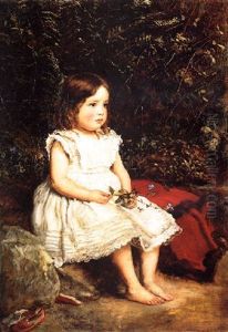 Portrait Of Eveline Lees As A Child, Seated Full Length By A Bank, Wearing A White Dress