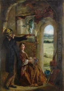 Young Couple Observing A Landscape Through A Doorway Young Couple Observing A Landscape Through A Doorway