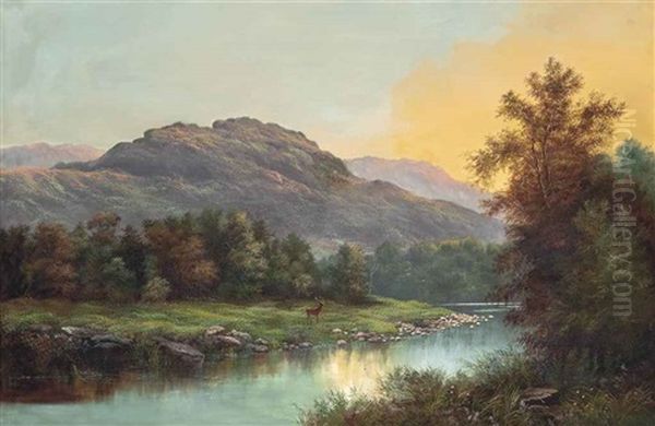 Deer At The Edge Of A Highland Stream - view 1