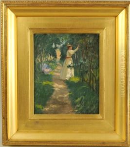 Impressionist Scene With A Woman Stopping To Pick Blossoms On A Shady Bowery by Addison Thomas Millar
