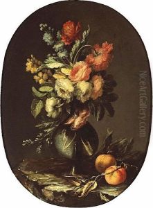 A Still Life Of Flowers In A Vase Along Withtwo Peaches On A Ledge; Also A Companion Still Life (a Pair) by Domenico Bettini