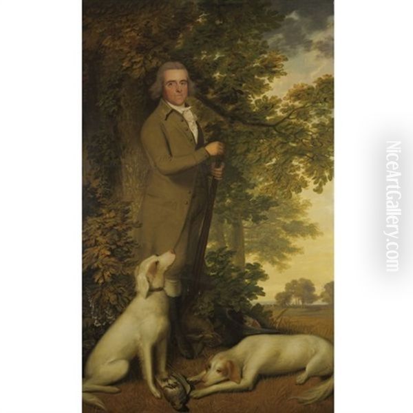 Portrait Of A Gentleman, In A Green Coat, Holding A Gun, Two Dogs And A Partridge At His Feet, In A Wooded Landscape - view 1