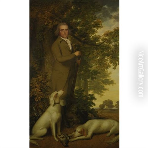 Portrait Of A Gentleman, Full-length, In A Green Coat, Holding A Gun, Two Dogs And A Partridge At His Feet, In A Wooded Landscape - view 1