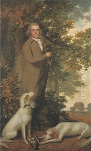 Portrait Of A Gentleman, Full-length, In A Green Coat, Holding A Gun, Two Dogs And A Partridge At His Feet, In A Wooded Landscape - view 1
