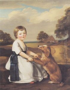 Portrait Of A Child Wearing A Silk Dress And Blue Sash, With A Pet Dog