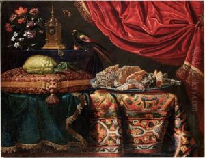 Natura Morta Con Tappeto, Limone Su Un Cuscino, Vaso Di Fiori, Orologio Da Tavolo, Pappagallo, Frutta Candita Su Vassoio E Tendaggio Rosso