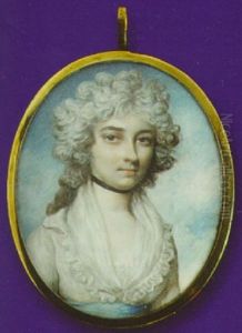 A Fine Portrait Of A Young Lady, With Powdered Hair, Wearing A Decolletee White Dress, A Strand Of Pearls And Jewelled Slide by James Millar