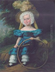 Portrait Of A Small Child In A Landscape Wearing A Blue Costume And Feathered Hat And Holding A Hoop And Stick by James Millar