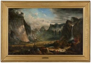 Figures In Yosemite Valley, Bridal Veil Falls by Alfred Jacob Miller