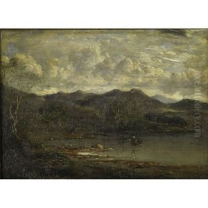 A Canoe And Figure In A Mountain Landscape