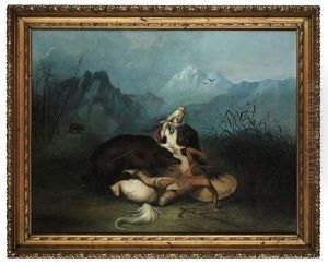 An Indian And His White Horse Attacked By Two Bears In A Mountainous Landscape