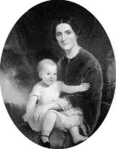 Portrait Of A Woman In Red Velvet Gown Seated With A Child In White On Her Lap by Alfred Jacob Miller