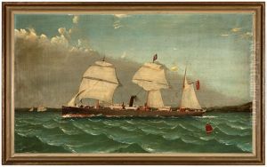 British Sail Assisted Steam Ship Flying A Red Ensign Flag And Departing From A Harbor British Sail Assisted Steam Ship Flying A Red Ensign Flag And Departing From A Harbor