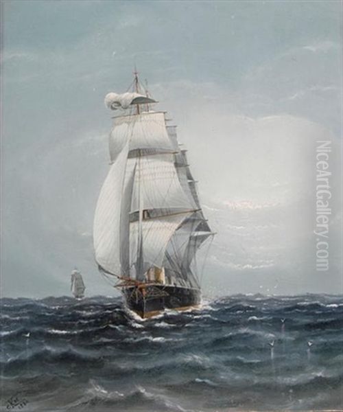 A Steam Sailing Battleship Heading Downwind - view 1