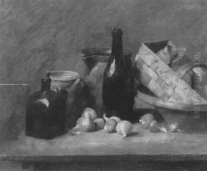 Still Life With Ceramic Jugs And Onions On A Table Still Life With Ceramic Jugs And Onions On A Table