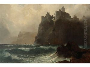 A View Of A Cliff Top Castle Above Rough Seas And Misty Skies A View Of A Cliff Top Castle Above Rough Seas And Misty Skies