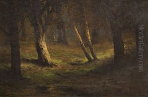 Forest Scene With A Figure In The Distance by Ralph Davidson Miller