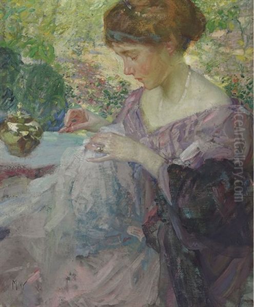 Young Woman Sewing - view 1