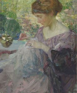 Young Woman Sewing by Richard Edward Miller