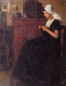 Dimly Lit Interior With Young Lady Sewing by Richard Edward Miller