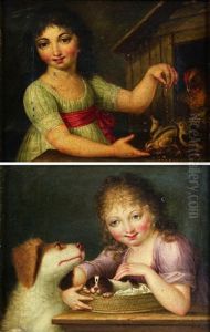 Jeune Fille Nourrissant Des Poussins (+ Jeune Fille Caressant Un Chiot; Pair) by William Miller