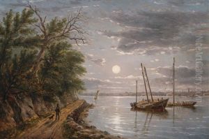 Moonlight On The Hudson River, Hoboken, Nj by William Rickarby Miller