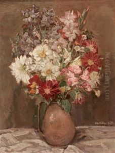 Bunter Blumenstraus In Henkelvase, Sonnig Beleuchtet by Otto Miller-Diflo
