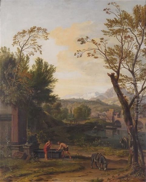 Figures Pausing For Water In An Italianate Landscape - view 1