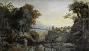 Figures Before A Hill Top Village; And Figures In An Italianate Landscape (pair) by Jean Francois (Francisque) Millet the Younger