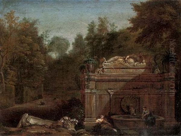 A Wooded Landscape With A Woman Filling A Jug Of Water At A Fountain, Another Woman Resting Amongst Roman Ruins - view 1