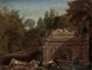 A Wooded Landscape With A Woman Filling A Jug Of Water At A Fountain, Another Woman Resting Amongst Roman Ruins