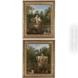 Views Of The Fountains Les Cheveaux De Soleil At Versailles With Bathers (pair) by Jean Francois (Francisque) Millet the Younger