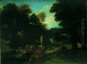 Paysage De La Campagne Italienne Avec Un Convoi De Bergers by Jean Francois (Francisque) Millet the Younger