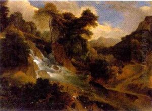 A Wooded Landscape With Women By A Waterfall by Jean Francois (Francisque) Millet the Younger