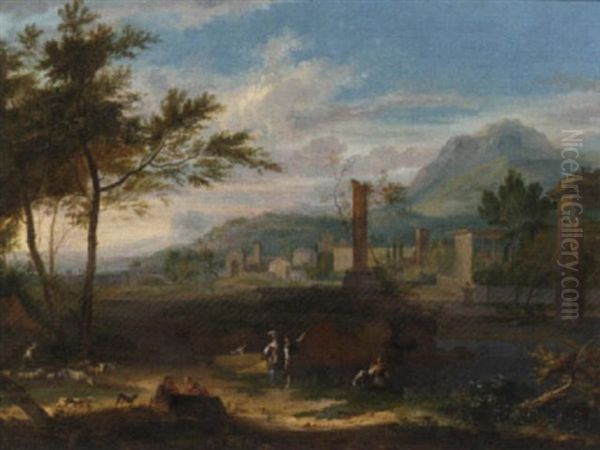 An Italianate Landscape With Classical Ruins And Figures In The Foreground - view 1