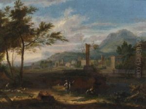 An Italianate Landscape With Classical Ruins And Figures In The Foreground by Jean Francois (Francisque) Millet the Younger