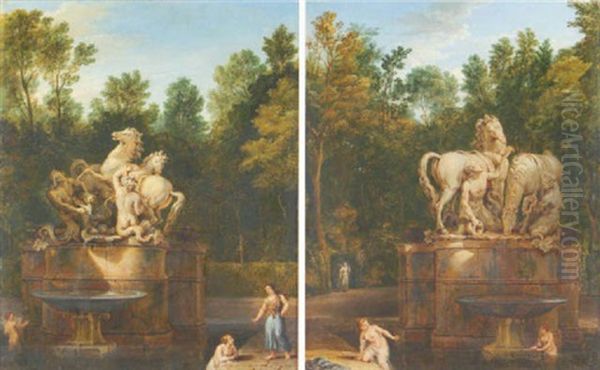 Les Bassins De Chevaux Du Soleil Dans Le Parc De Versailles: Les Chevaux Panses Par Les Tritons De Marsy (+ Les Chevaux De Guerin Entoures De Baigneuses; Pair) - view 1